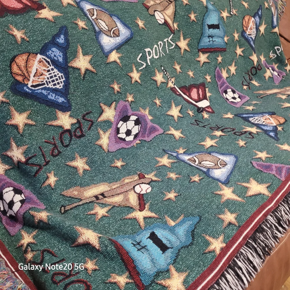 Green Sports-Themed Woven Throw with Multicolor Motifs